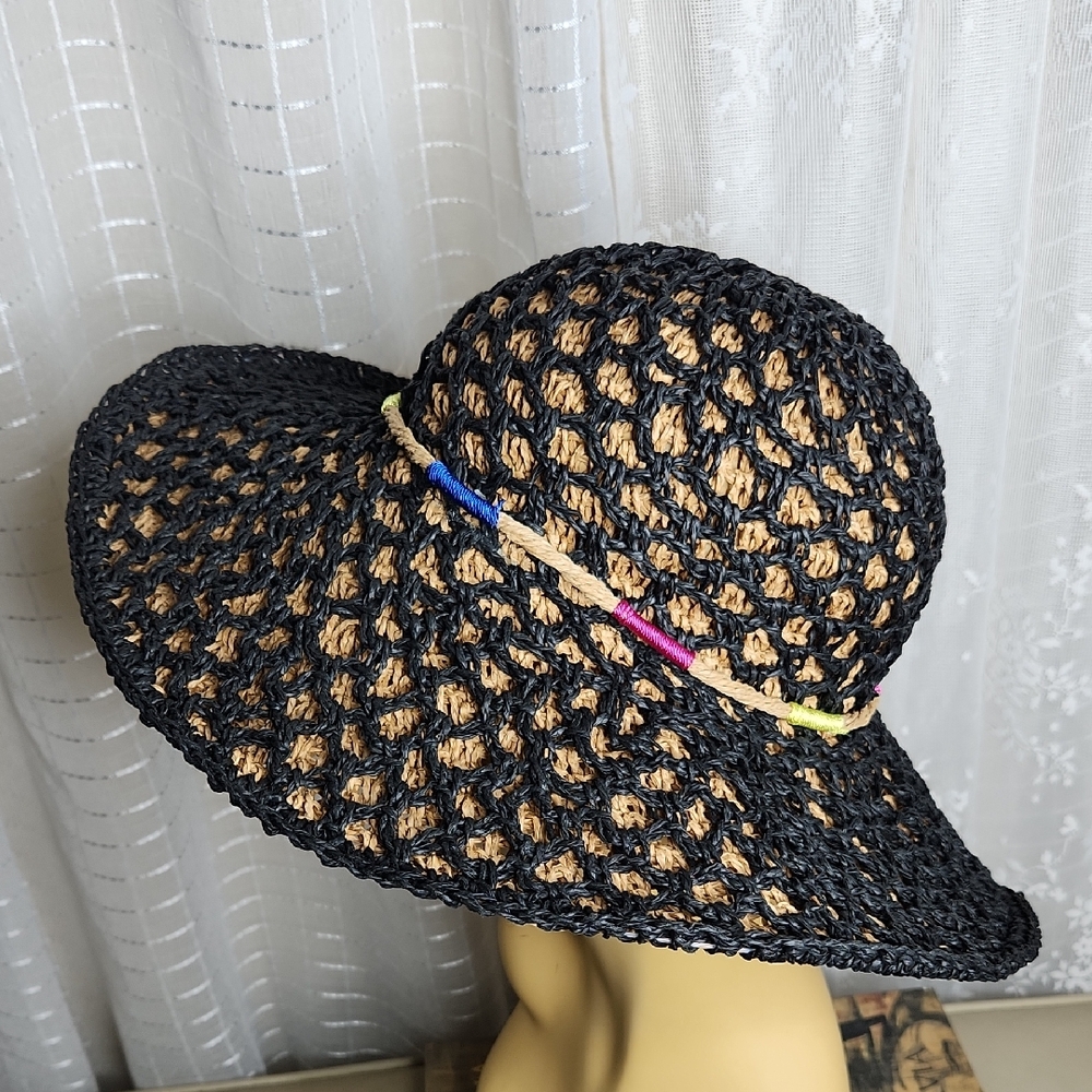 Betsey Johnson Black Floppy Wide Brim Paper Woven Straw Hat W/ Multi Color Band